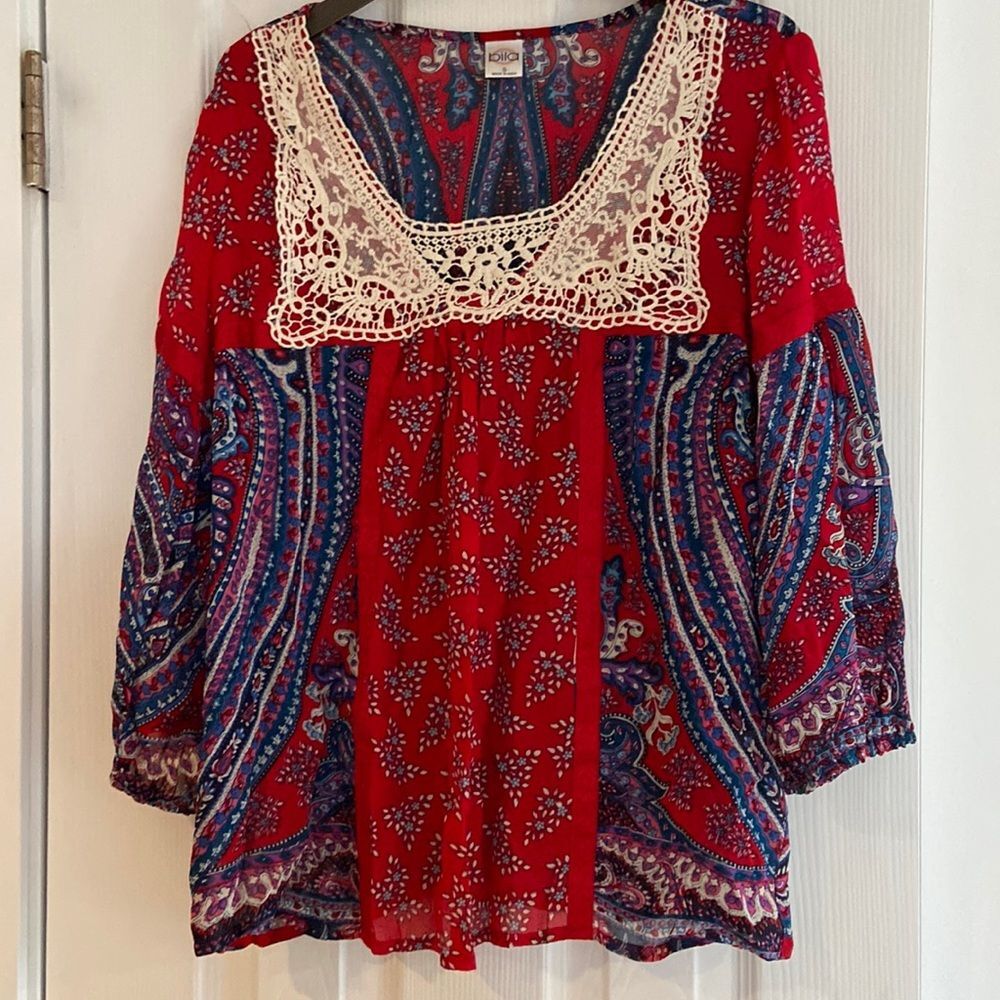 Billabong red boho semi sheer blouse Small